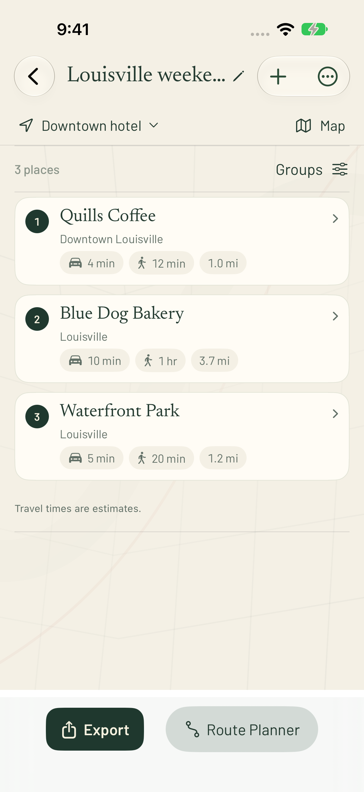 A Louisville weekend list on iPhone, with Quills Coffee, Blue Dog Bakery, and Waterfront Park.